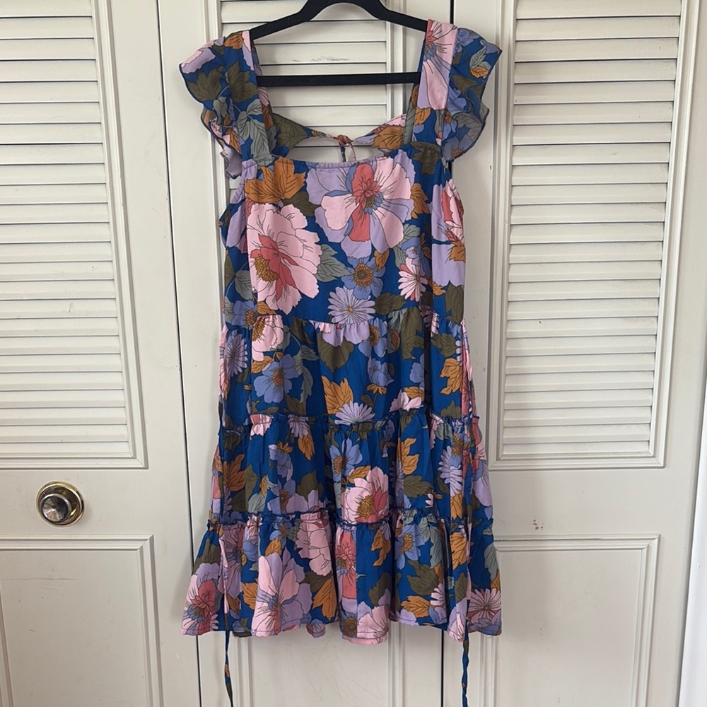 Blue and Pink Flutter Sleeve Sundress for Wedding Guests